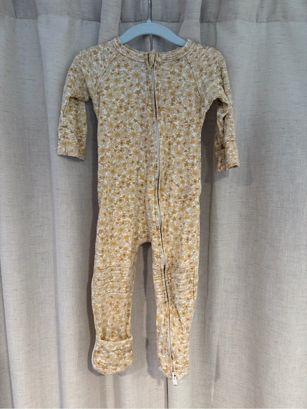 Goumi 12-18 months Cream and Mustard Floral Zip Front Footie with butt flap snap